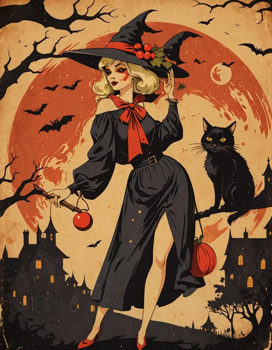 Retro Halloween Party Invitation with Witch and Cherry Moon