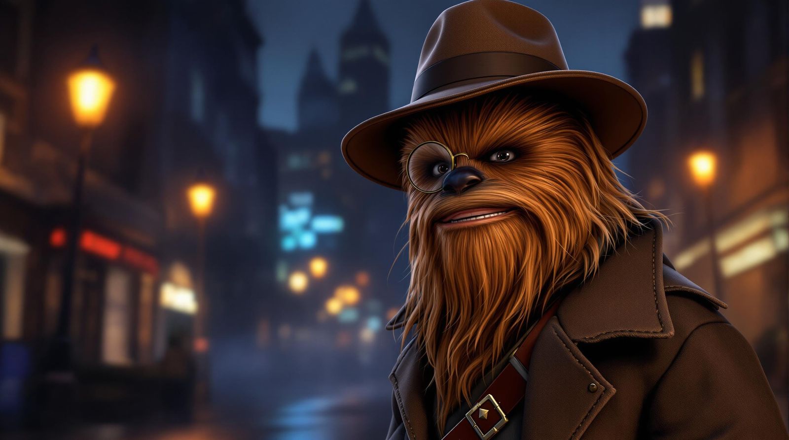 CGI Cartoon Chewbacca in a British Detective Outfit