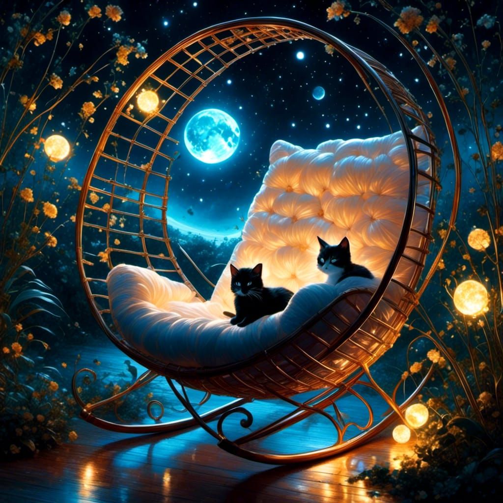 Bioluminescent Kittens Play Around Rattan Rocking Chair