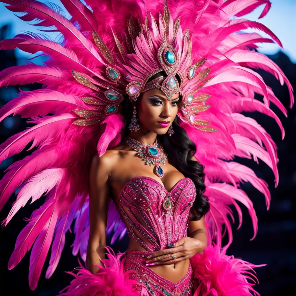 Create a stunning and elaborate carnival costume featuring an explosion of vibrant pink feathers. The costume is designe...