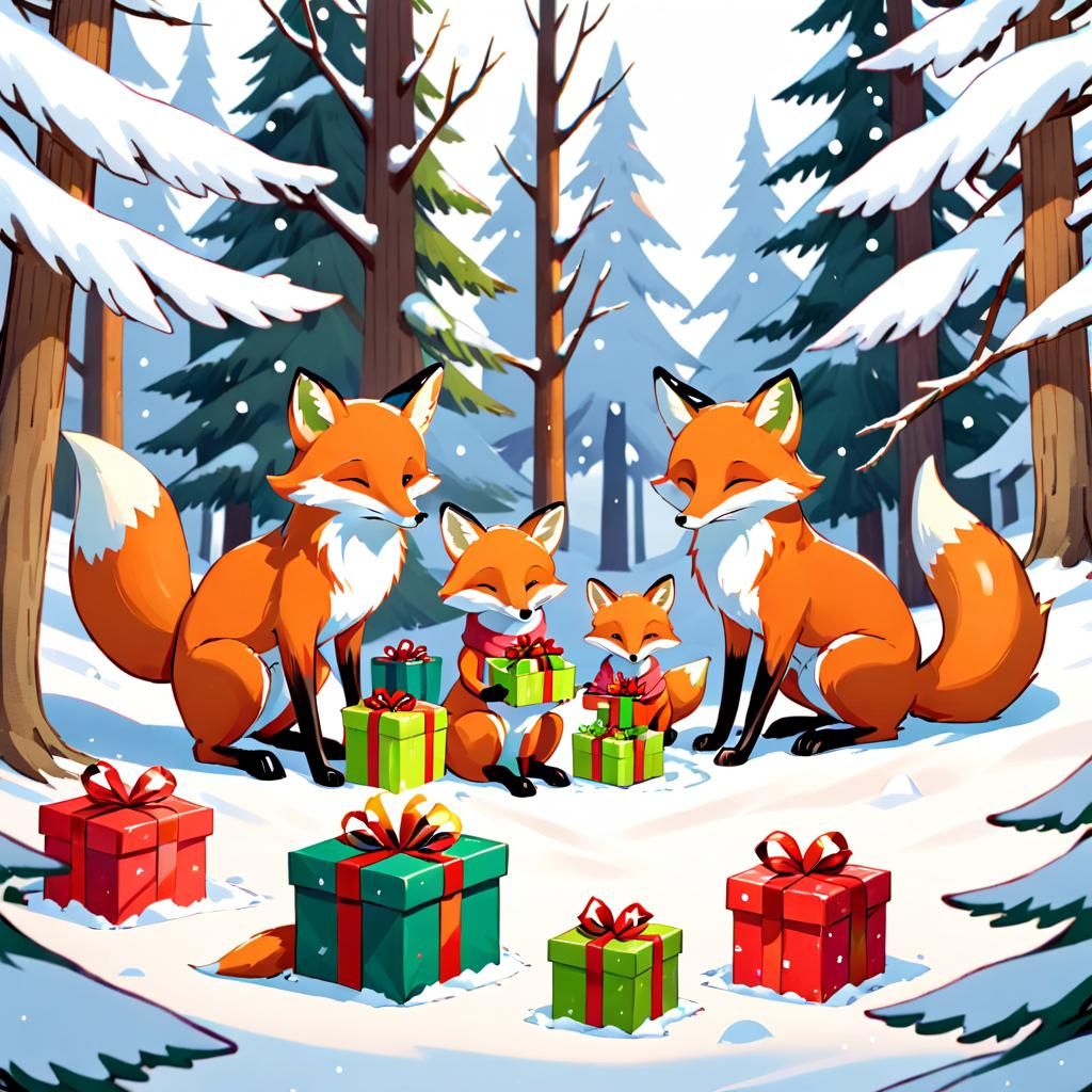 Fox Family Christmas Celebration in Snowy Forest