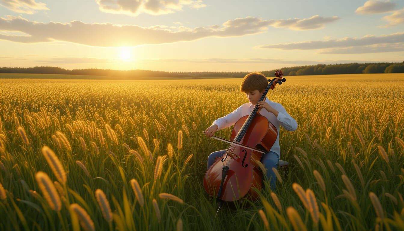 Boy Playing Cello in Meadow: Detailed Matte Painting