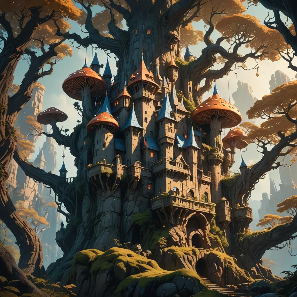 Otherworldly Castle Nestled in Tree, Fantasy Concept Art