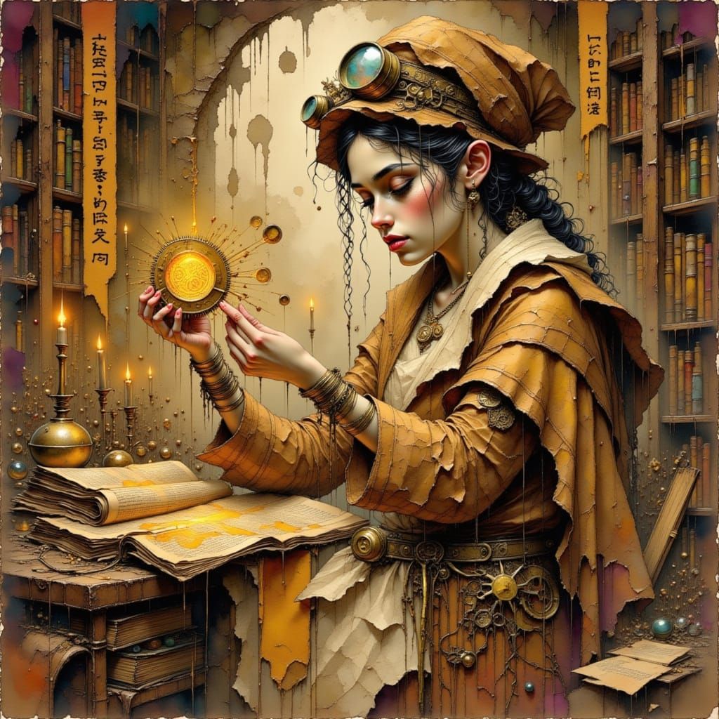 Gearforged Sage in Ancient Library, Mix-Media Art