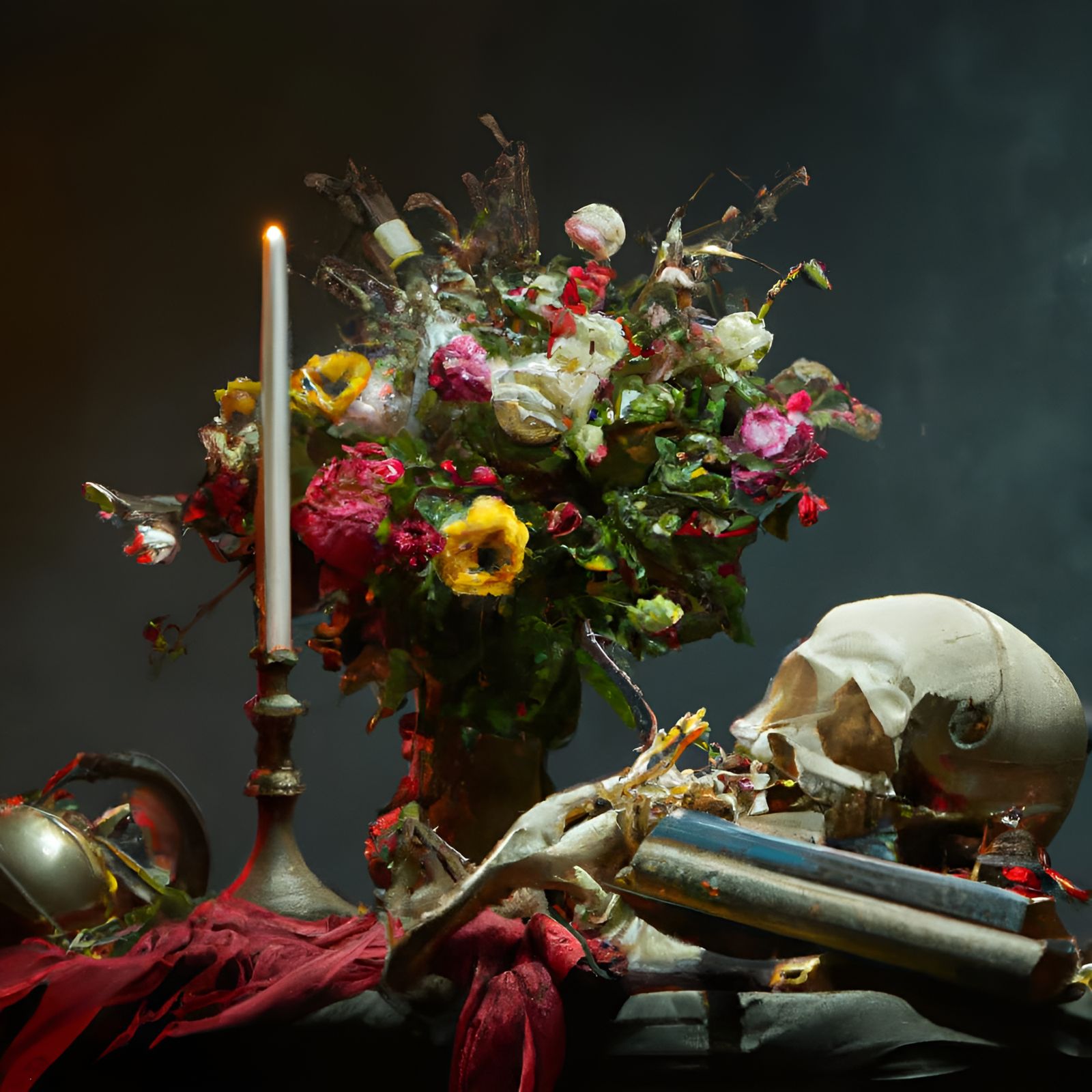 Dramatic Still Life with Skulls and Candles