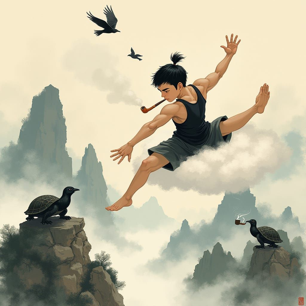 Asian Man Smoking Pipe Flying Over Wudang Mountain