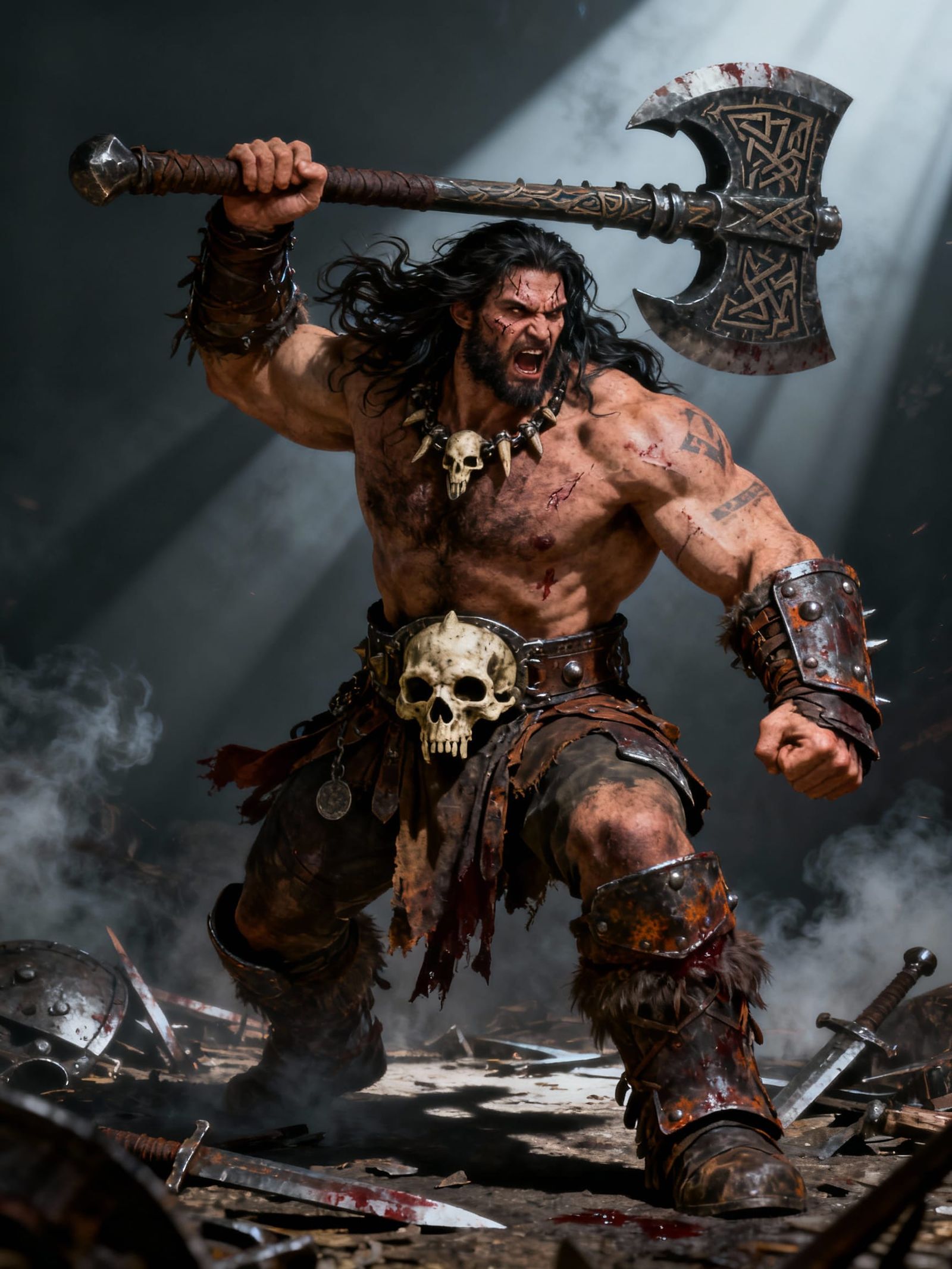 Muscular Barbarian Warrior with Battle Axe in Dark Fantasy S...