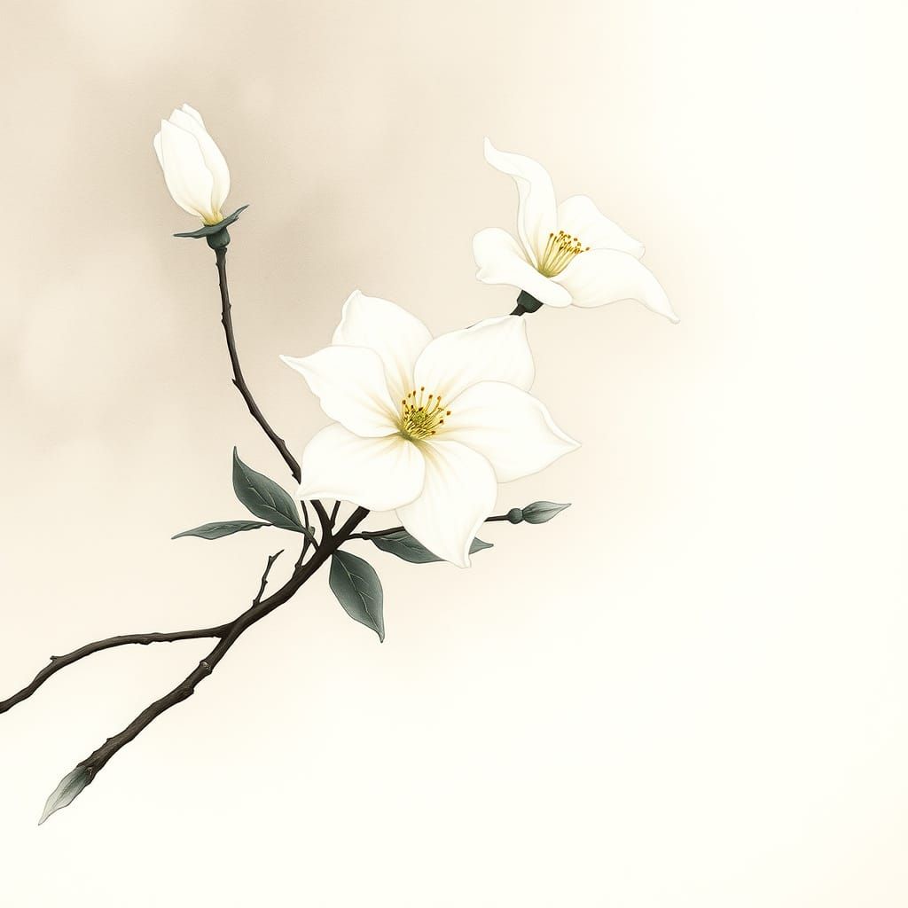 Minimalist Jasmine Blossoms Sumi-e Painting