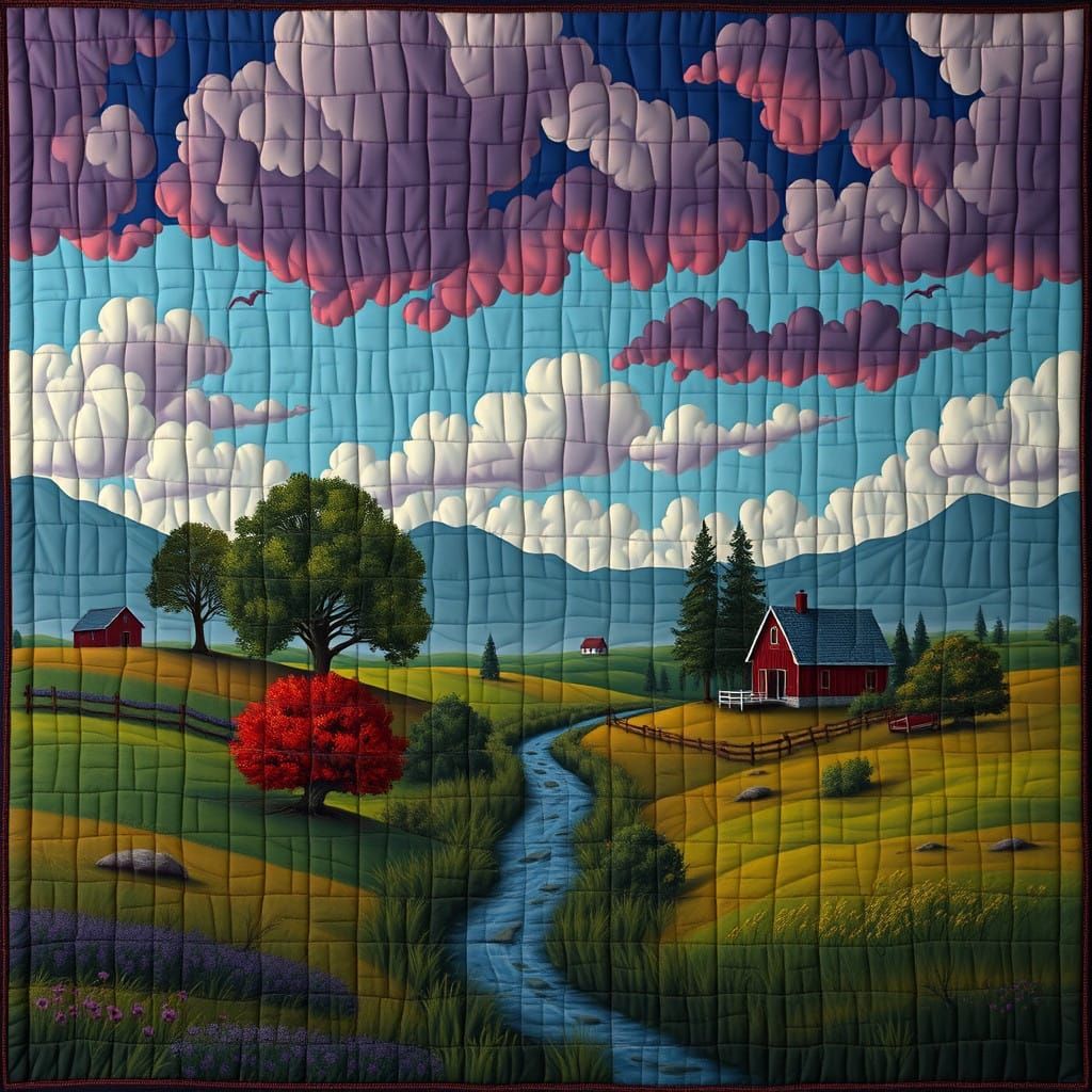 Serene Fantasy Landscape in Traditional Amish Quilt Style