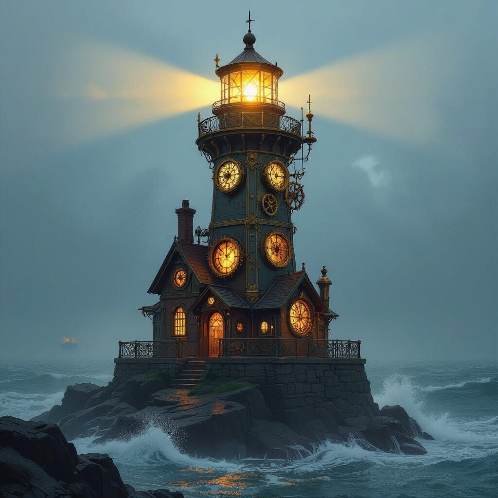 Steampunk Lighthouse in Stormy Seas, Industrial Design