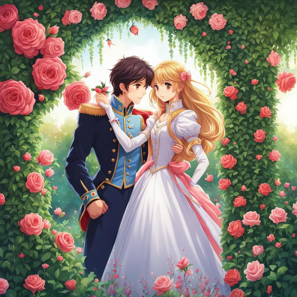 Cheerful Anime Princess and Prince in Rose Garden
