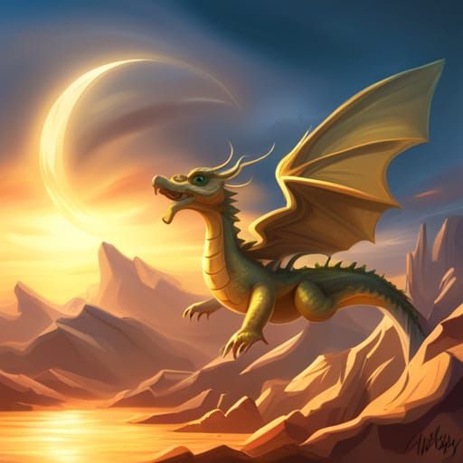 Cute Golden Dragon in Disney Fantasy Art Style