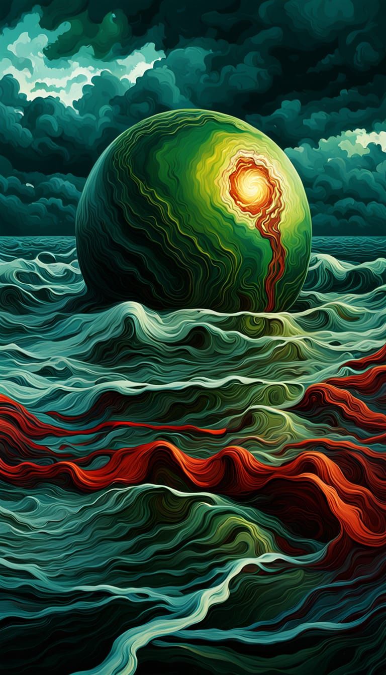 Surreal Oil Painting of a Melting Green Sphere in Turbulent ...