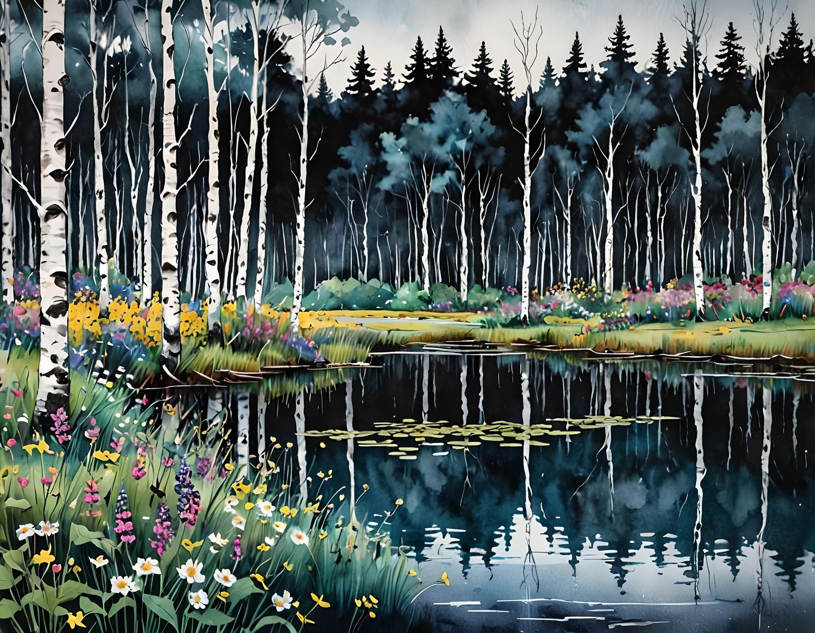 Vaporwave Birch Trees and Wildflowers in Metallic Ink