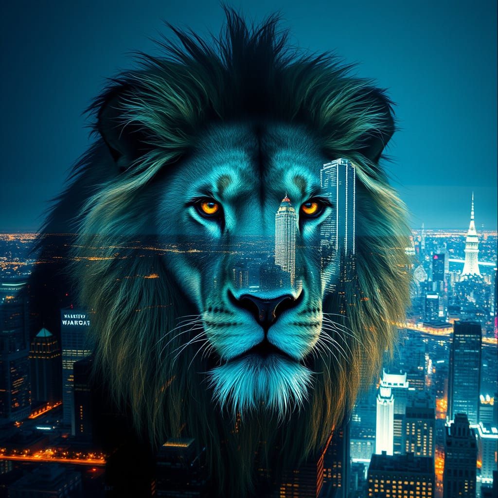 Lion Cityscape Double Exposure in Film Still Style