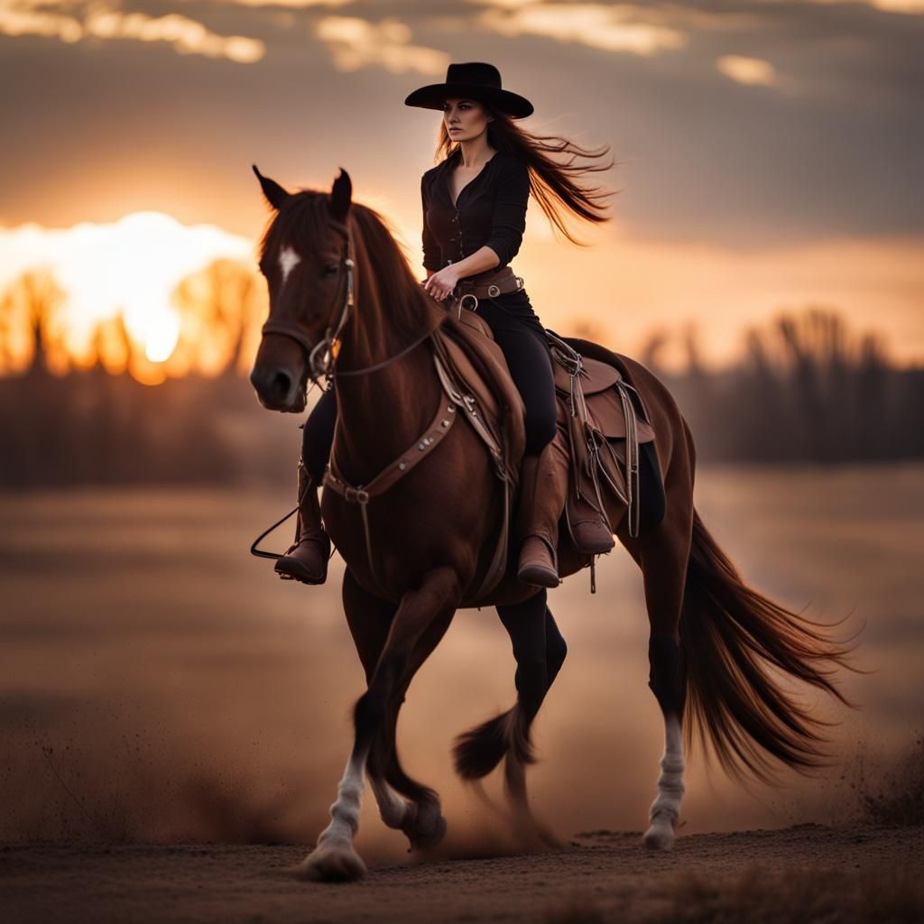 Cowgirl Rides Horse at Sunset: Professional Photography