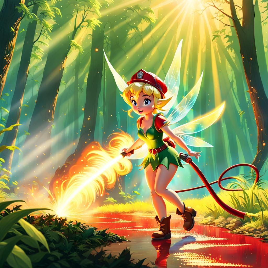 Tinkerbell as Firefighter in Fantasy Forest Art