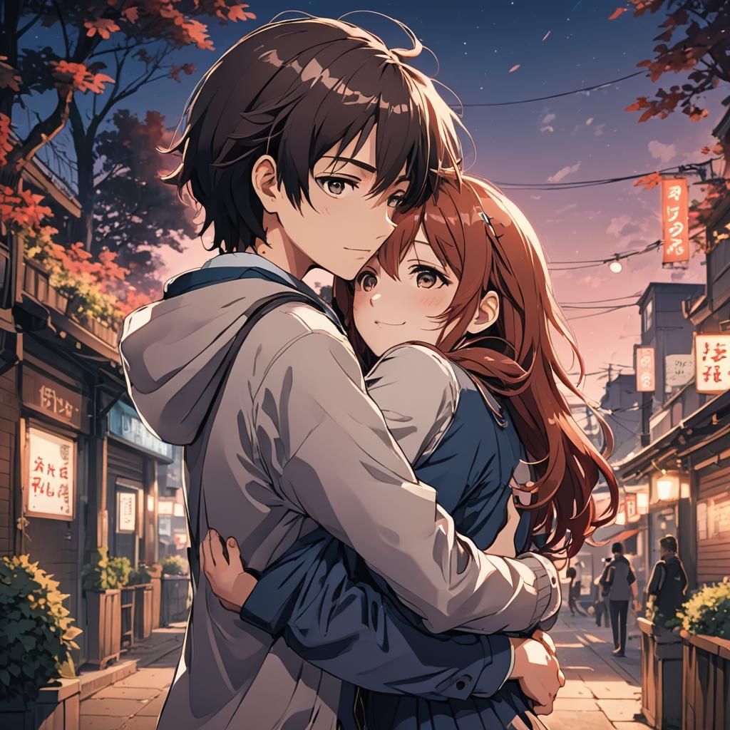 Anime Girl Hugging Boyfriend in Cel-Shaded Style