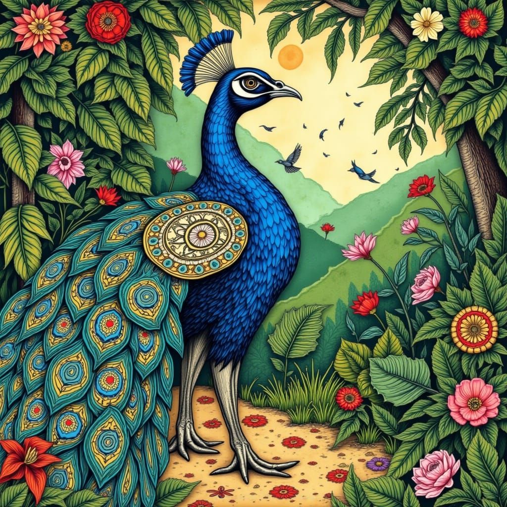 Vibrant Peacock in Lush Forest, Geometric & Ethereal Style