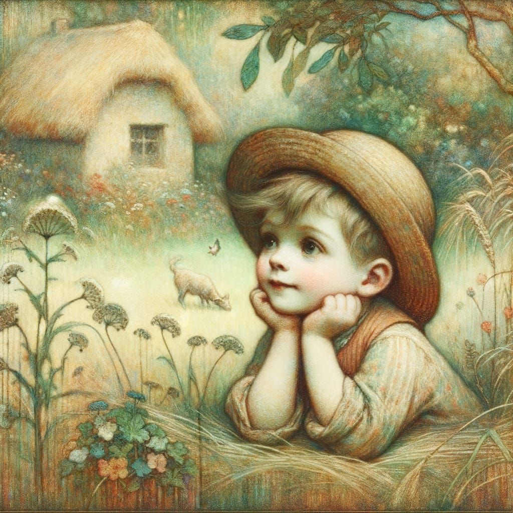 Child in Dreamy Landscape: Pastoral Art Style