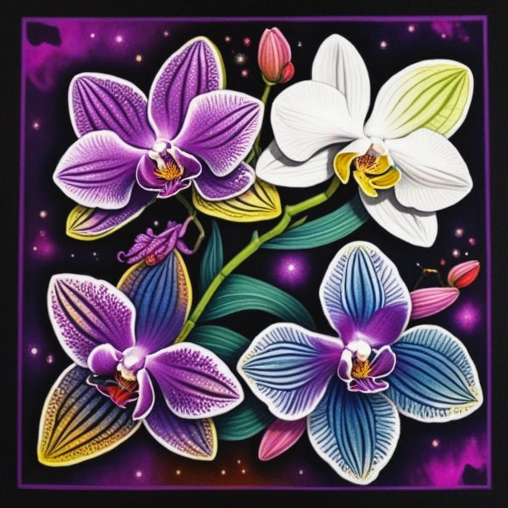 Photorealistic Orchids in Cosmic Zentangle Floral Fantasy