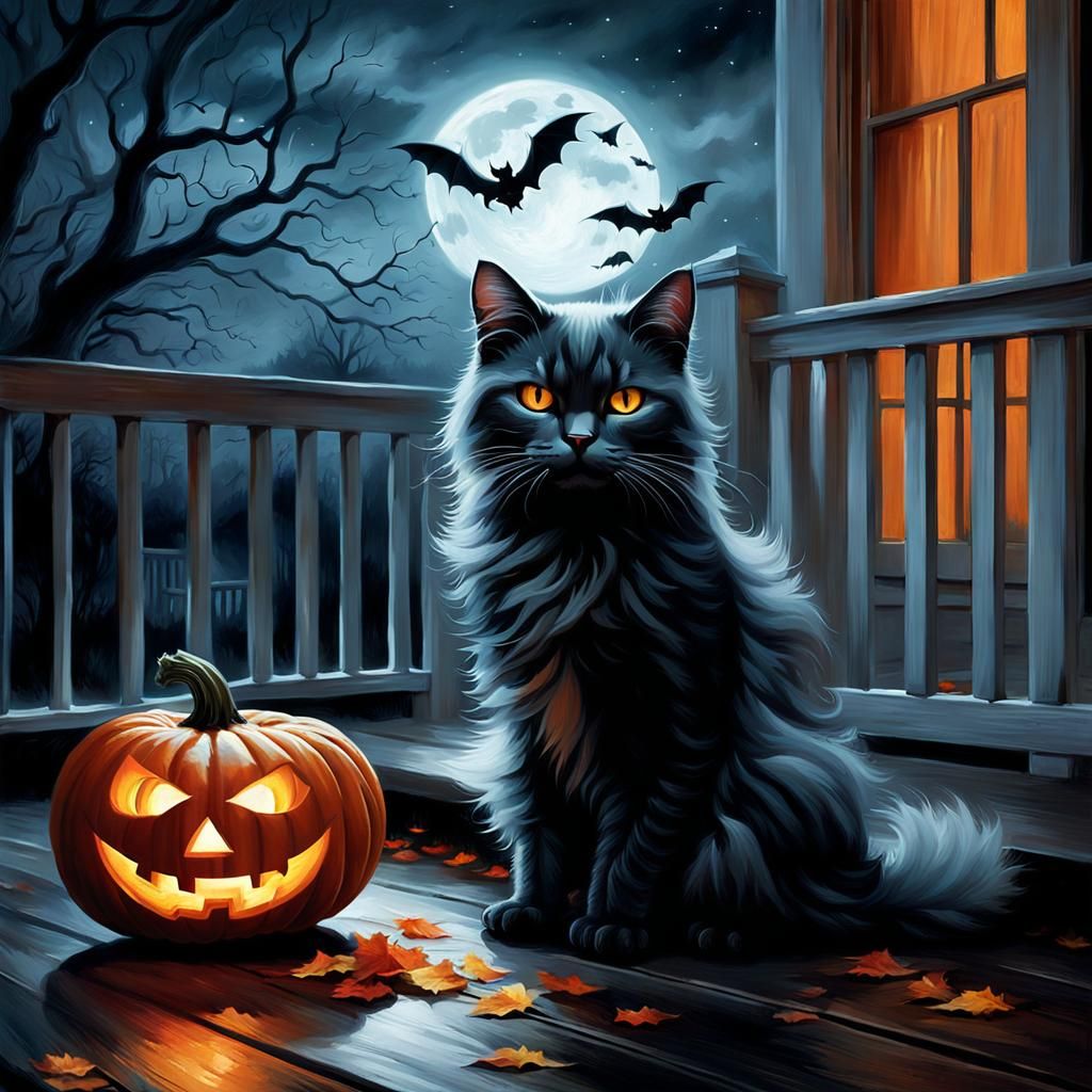 Ethereal Ghost Cat Plays with Halloween Pumpkin