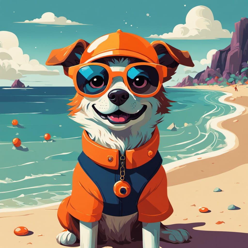 Vibrant Lifeguard Dog in Oversized Sunglasses