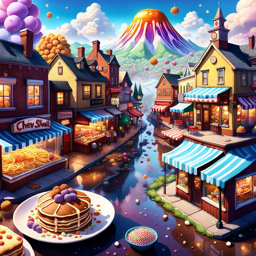 Hyperrealistic Town of Food with Candy Rain