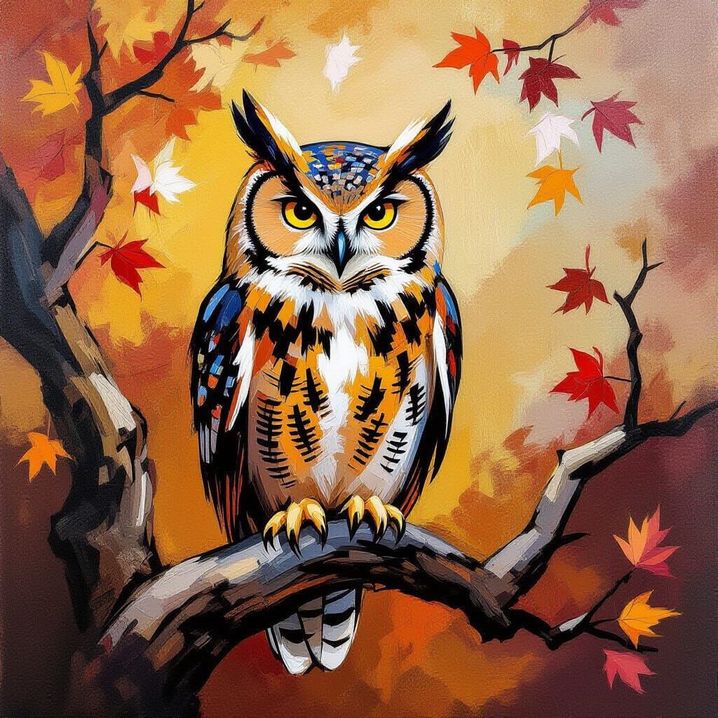 Majestic Owl on Oak Branch in Action Painting Style
