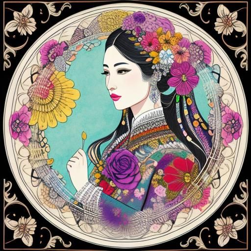 Elegant Line Drawing of Woman with Floral Design