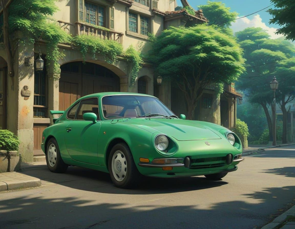 Whimsical Green Car in Studio Ghibli Style
