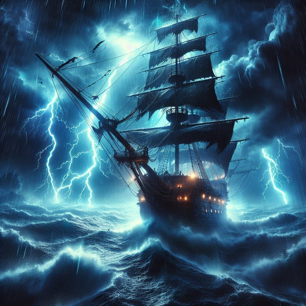 Pirate Ship Sails Stormy Sea in Dark Fantasy