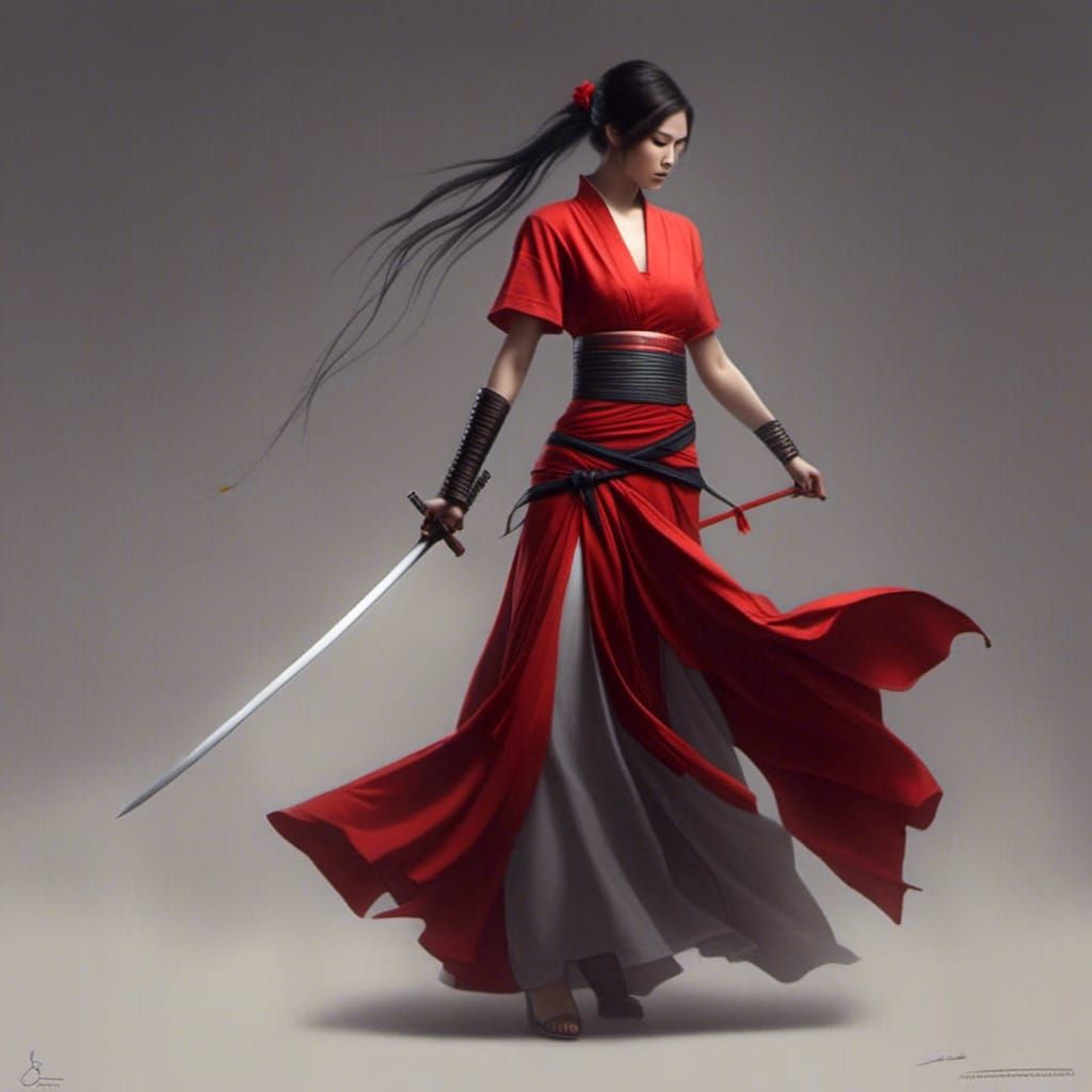 Female Warrior with Sword in Hanbok Dress