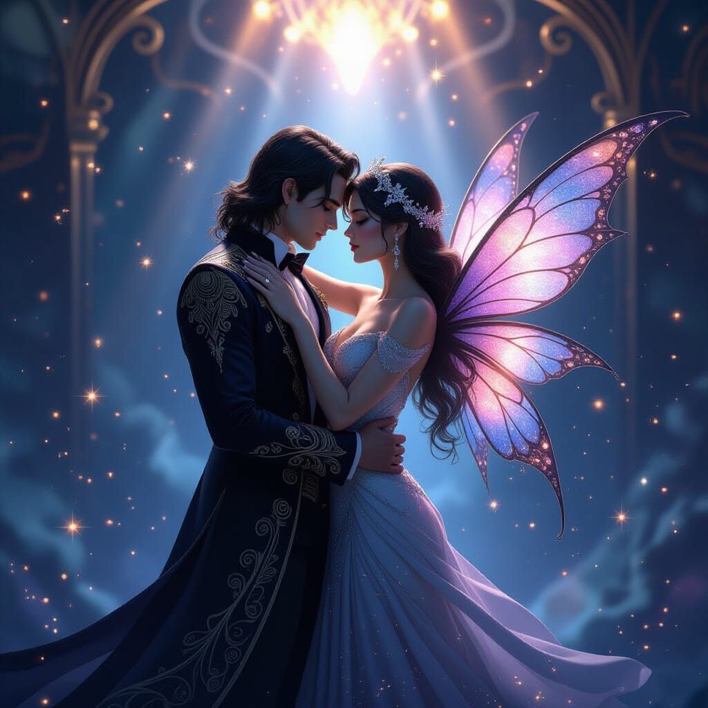 Celestial Embrace of Fairy and Vampire in Art Deco