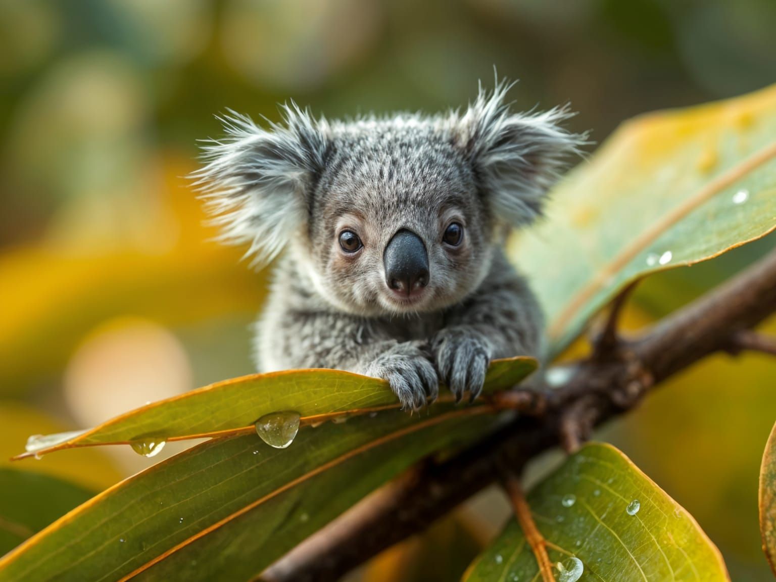 A Koala Perched on a Dewy Eucalyptus Leaf in Macro Photograp...
