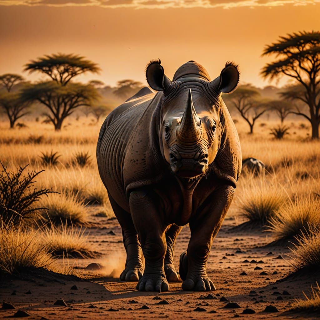 Black Rhino in Savannah at Golden Hour