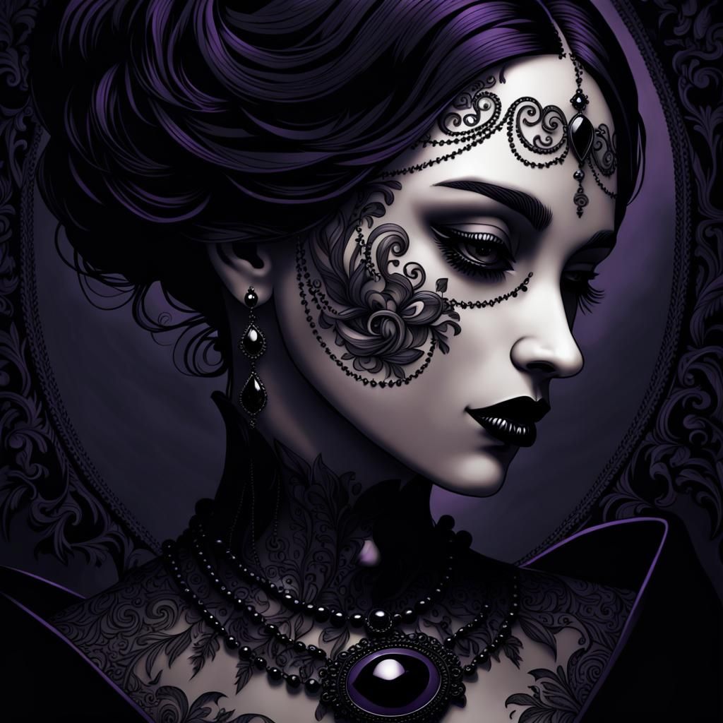 Black Lips with Ink and Gemstones: Digital Art