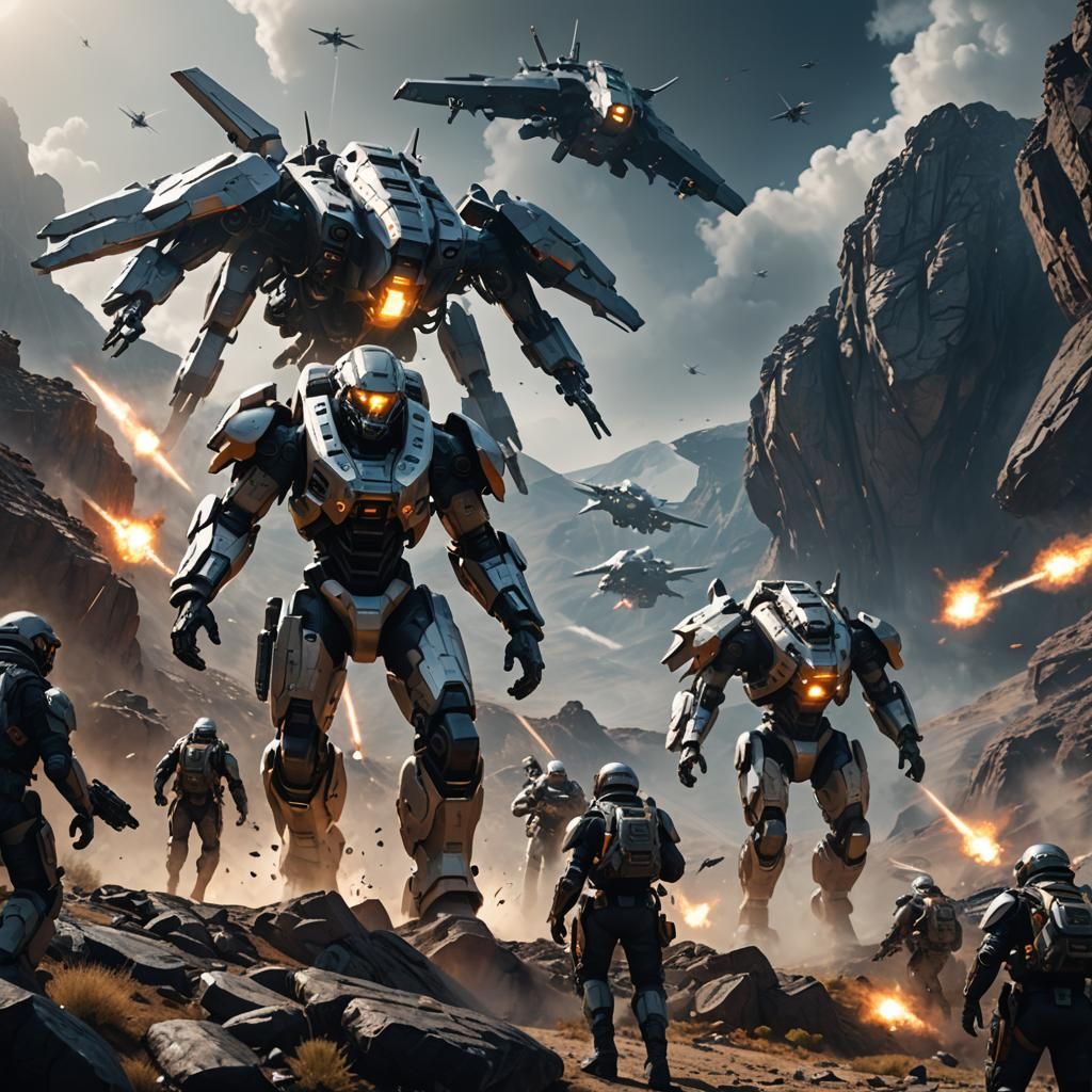 Futuristic Mountain Battle with Explosions and Aircraft