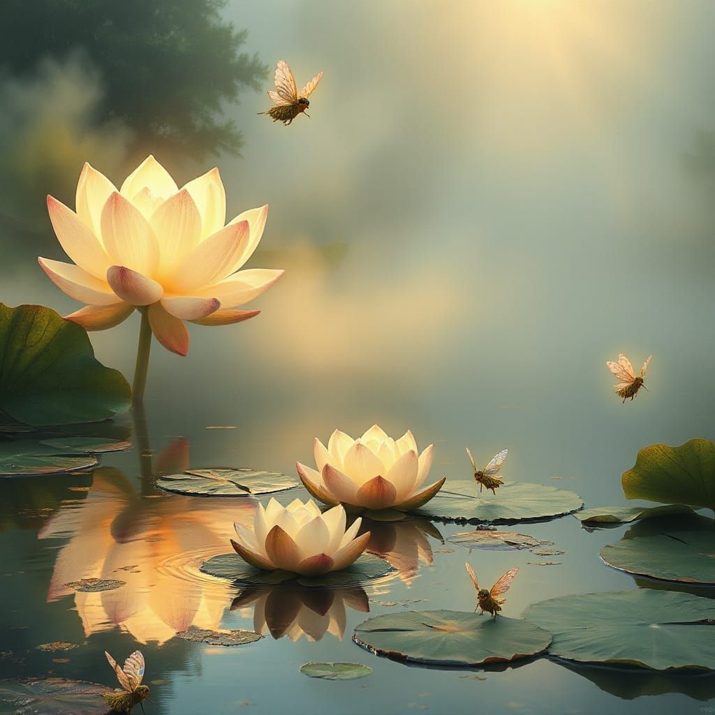 Surreal Lotus Pond Scene in Impressionistic Style