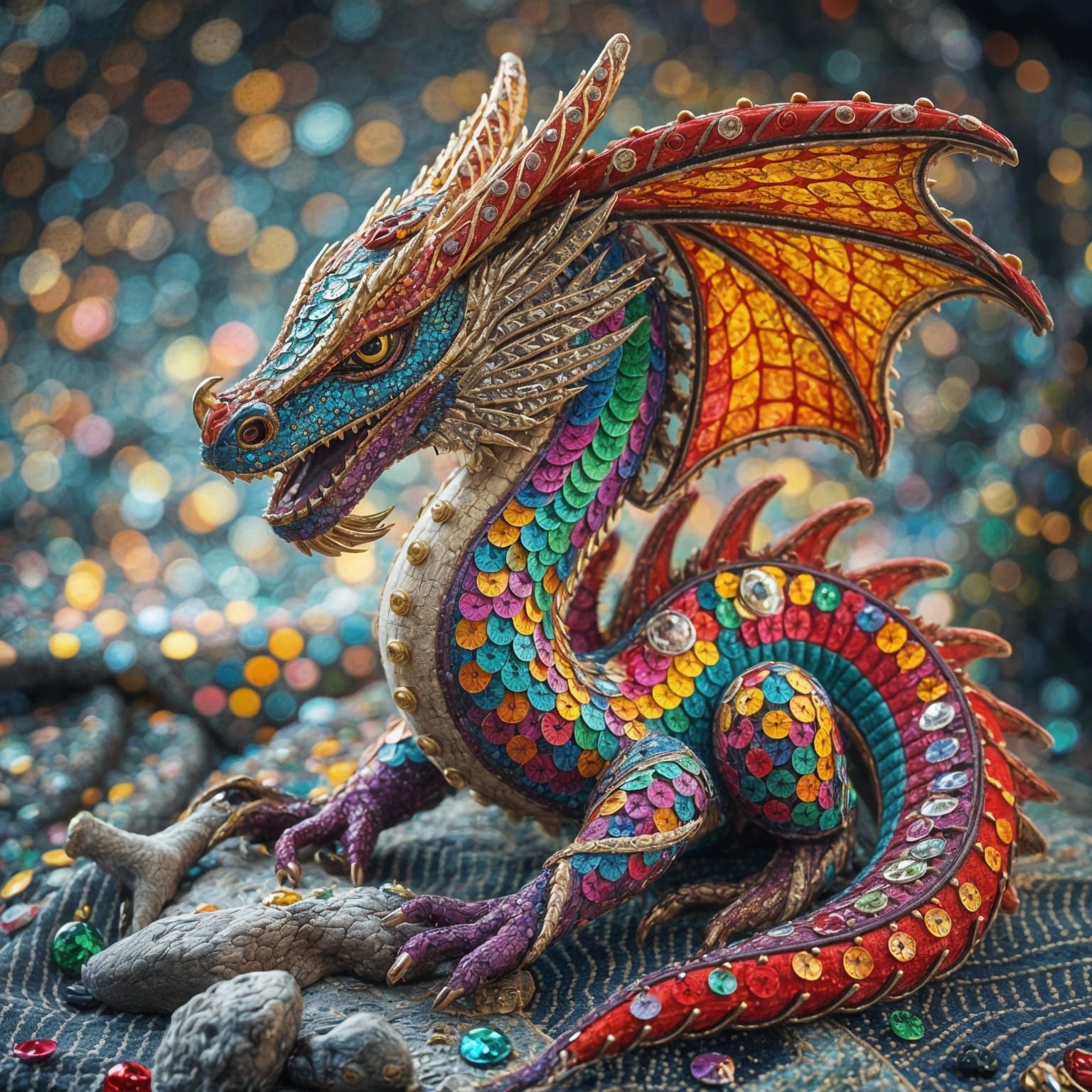Surreal Sequin Dragon in Vibrant Oil Slick Landscape