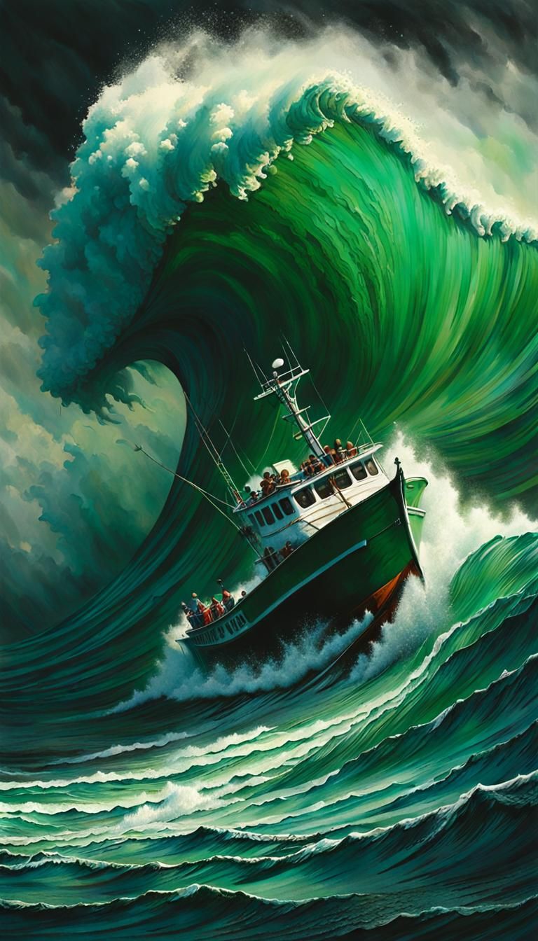 Epic Wave Crashing on Fishing Boat: Watercolor and Ink