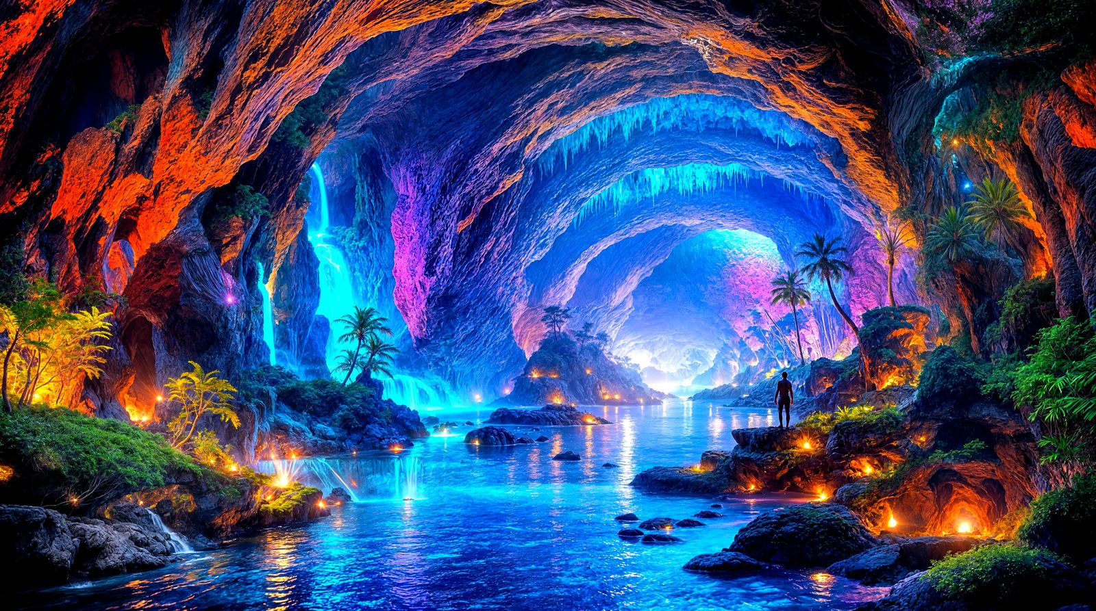 Mars Cavern River Scene in Blacklight Style