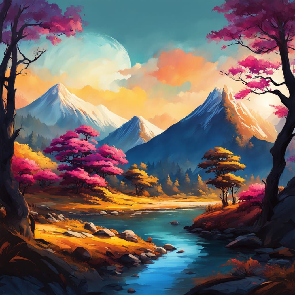 Asian Landscape in Gouache Impasto Style