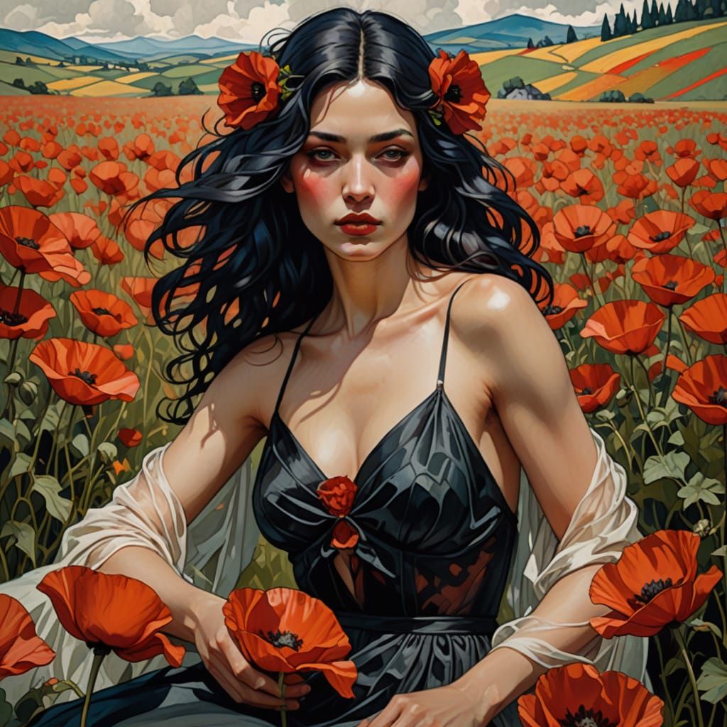 Sultry Woman in Poppies with Egon Schiele Portrait, in Impas...