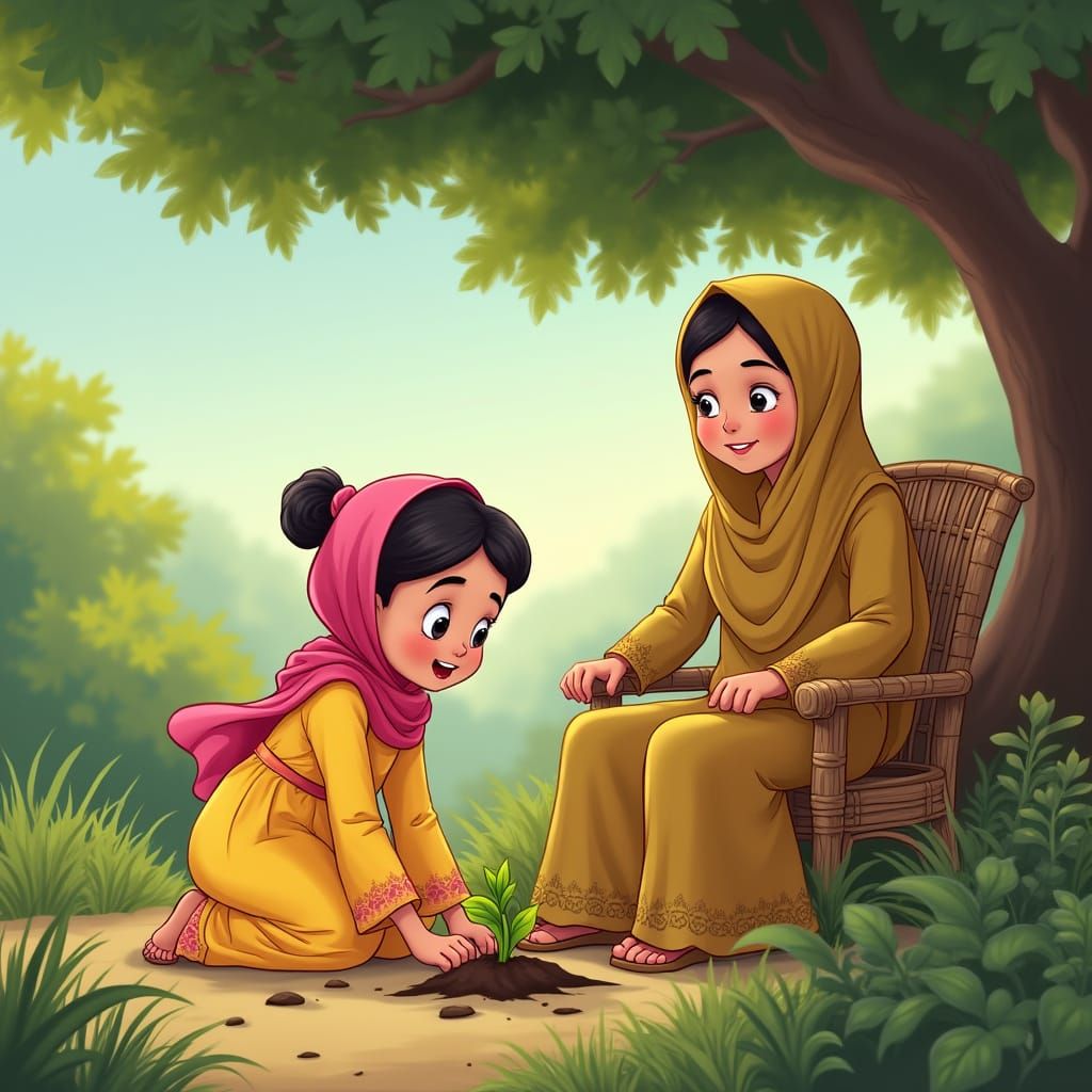 Girl and Grandmother in Garden, Animated Style