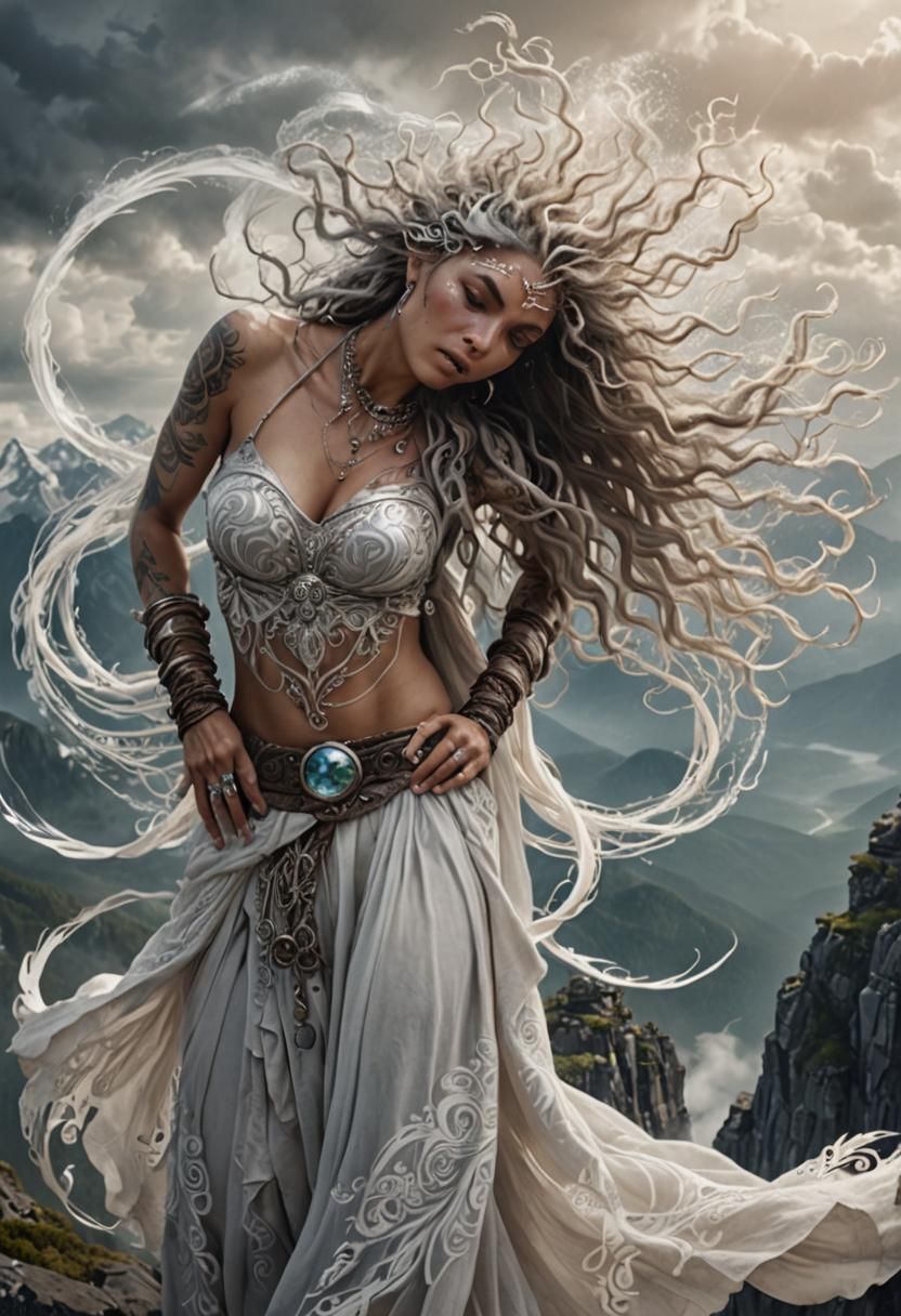 Wind Druidess Portrait with Silver and White Lace