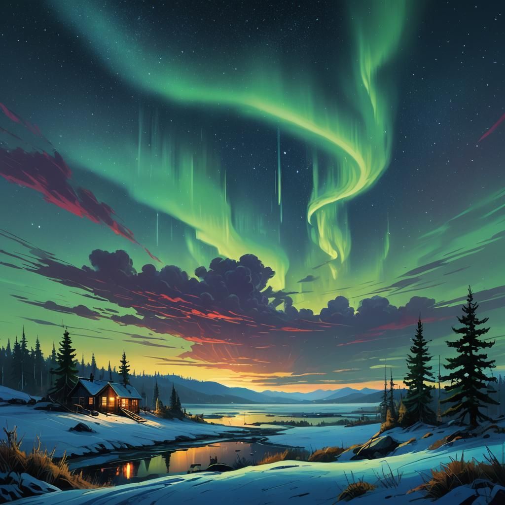Aurora Borealis Over Starry Sky: Fantasy Concept Art