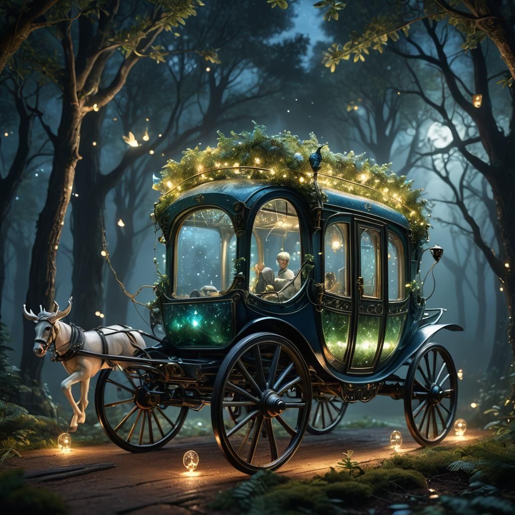 Mystical Glass Carriage in Moonlit Forest