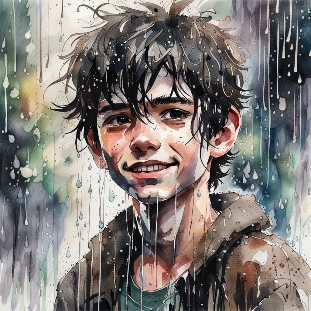 Watercolor Portrait of a Boy in the Rain
