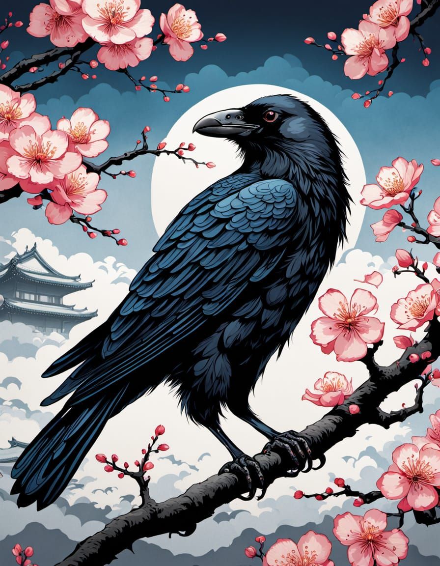 Japanese Crow in Cherry Blossom Print